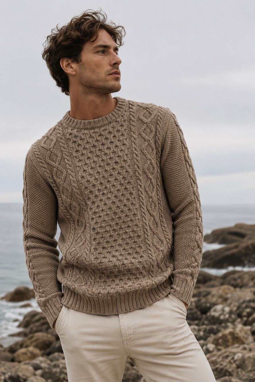 Makia Shoal Cable Knit Fisherman Sweater Camel Wool Cotton Men’s L Nordic Aran